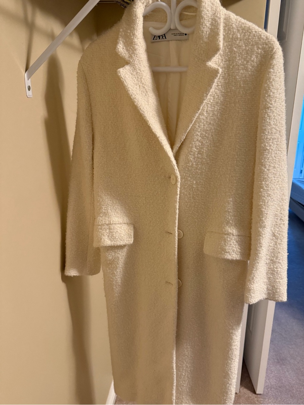 Zara Cream Bouclé Single-Breasted Long Coat